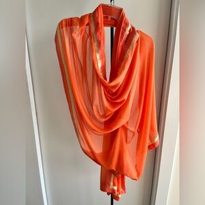 New Silky Chiffon Wrap Stole Shawl Scarf Orange 🍊 Gold Zari Border 35" x 86"